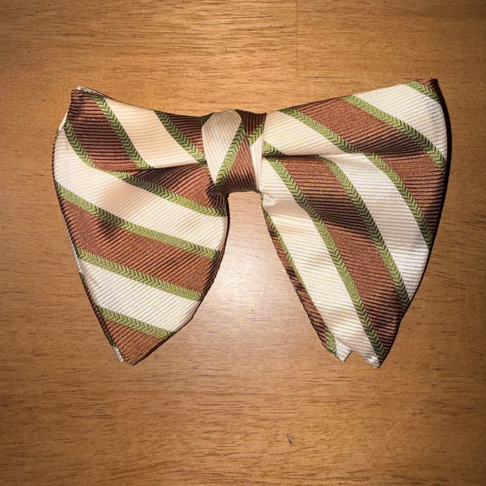Vintage Striped Clip On Bow Tie Brown Green Cream Diagonal Stripe Pre-Tied Mens
